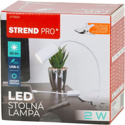 Lampa Strend Pro, stolná, s klipsou na uchytenie, Alu, biela, USB, 41 cm
