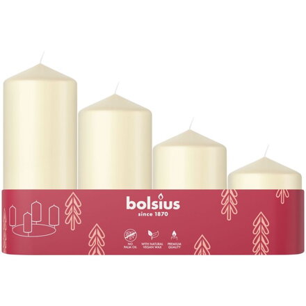 Sviečky Bolsius Pillar Advent, Vianoce, krémové, 60/80/100/120x48 mm, bal. 4 ks