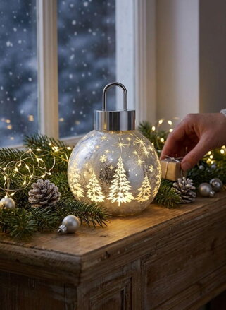 Guľa MagicHome Vianoce, sklo, strieborná, 10xLED teplá biela, 12x12x18 cm, 2xAA