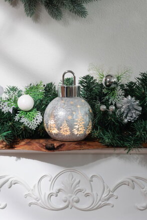 Guľa MagicHome Vianoce, sklo, strieborná, 10xLED teplá biela, 12x12x18 cm, 2xAA