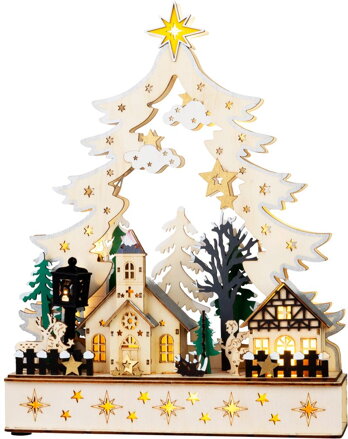 Dekorácia MagicHome Vianoce, dedinka, plast, 12xLED teplá biela, 25x7.5x32 cm, 2xAA