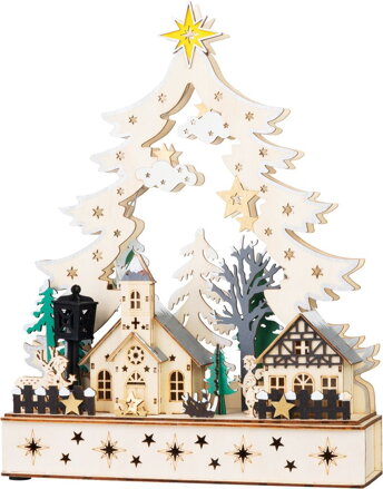 Dekorácia MagicHome Vianoce, dedinka, plast, 12xLED teplá biela, 25x7.5x32 cm, 2xAA