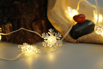 Reťaz MagicHome Vianoce, vločky, PVC, 15xLED teplá biela, 1.4 m + 0.3 m, 2xAA