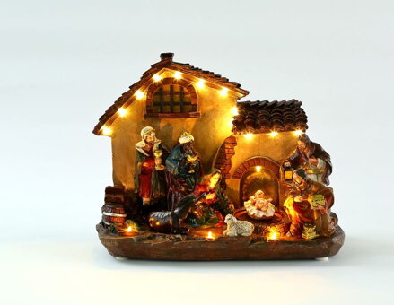 Dekorácia MagicHome Vianoce, domček, polyresin, 16xLED teplá biela, 29x14x24 cm, 3xAA