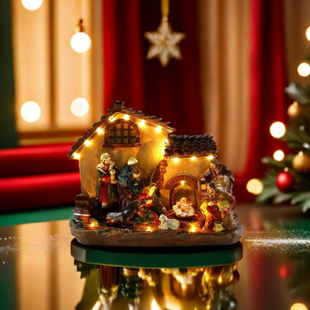 Dekorácia MagicHome Vianoce, domček, polyresin, 16xLED teplá biela, 29x14x24 cm, 3xAA