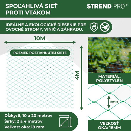 Sieť Strend Pro, 4x10 m, oko 18 mm, proti vtákom, PE