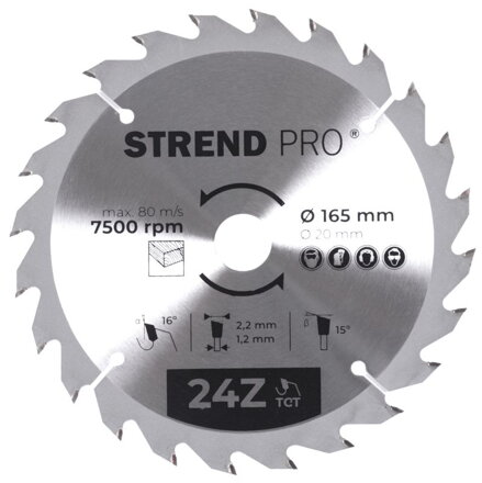 Kotúč Strend Pro TCT 165x2.2x20 mm 24T, na drevo, pílový, SK plátkami