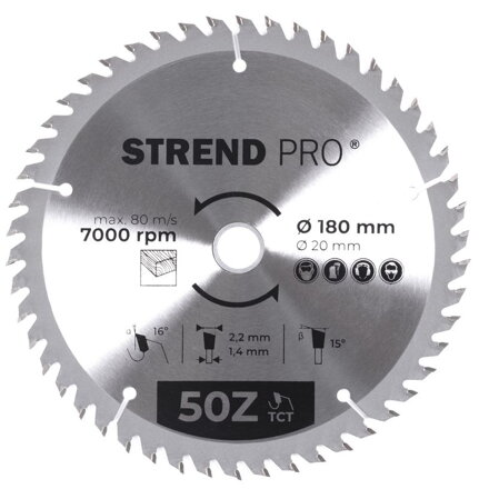 Kotúč Strend Pro TCT 180x2.2x20/16 mm 50T, na drevo, pílový, SK plátkami