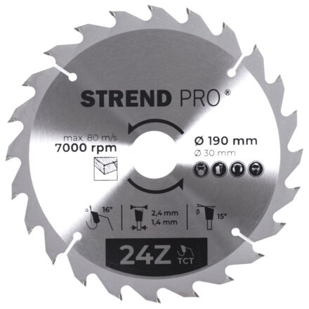 Kotúč Strend Pro TCT 190x2.4x30/20 mm 24T, na drevo, pílový, SK plátkami