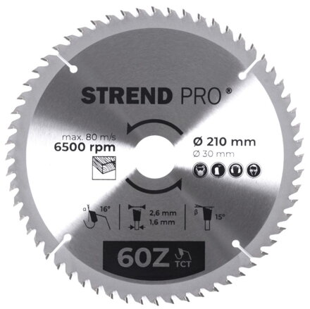 Kotúč Strend Pro TCT 210x2.6x30/20 mm 60T, na drevo, pílový, SK plátkami