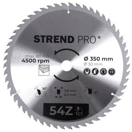 Kotúč Strend Pro TCT 350x3.6x30 mm 54T, na drevo, pílový, SK plátkami