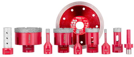 Sada vyrezávačov Strend Pro Premium, 6-8-10-20-35-50-68 mm, adaptér, zväčšovač dier, kotúč, M14, diamant, korunky, professional