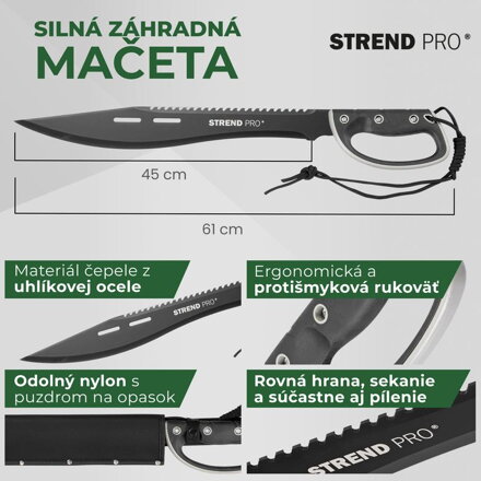 Mačeta Strend Pro Tactical, s puzdrom, s pílkou, s ochranou ruky, čierna, 61 cm