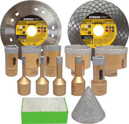 Sada vyrezávačov  Strend Pro Premium, 6 - 68 mm, diamantová, M14, plastový box, 2 x kotúč, 1 x zväčšovač dier, 1 x brusná húbka