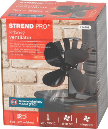 Ventilátor Strend Pro, krbový, stojanový, poháňaný teplom, 4-lopatkový, čierny