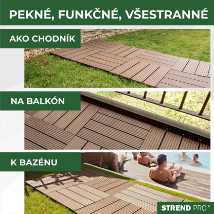 Sada 9 plastových terasových dosiek s WPC efektom dreva, palubovka, PP, 31x31x2, farba hnedá a sivá