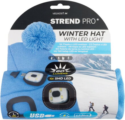 Čiapka Strend Pro kid modrá M, s brmbolcami, 4x SMD LED, USB nabíjanie