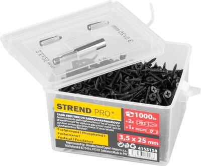 Sada vrutov Strend Pro, skrutky do sadrokartónu, 3,5x25 mm, s 2x bitmi a magnetickým držiakom, v dóze, bal. 1000 ks Sada vrutov Strend Pro, skrutky do sadrokartónu, 3,5x25 mm, s 2x bitmi a magnetickým držiakom, v dóze, bal. 1000 ks