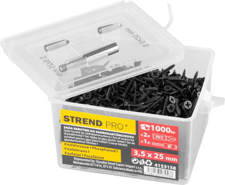 Sada vrutov Strend Pro, skrutky do sadrokartónu, 3,5x25 mm, s 2x bitmi a magnetickým držiakom, v dóze, bal. 1000 ks Sada vrutov Strend Pro, skrutky do sadrokartónu, 3,5x25 mm, s 2x bitmi a magnetickým držiakom, v dóze, bal. 1000 ks