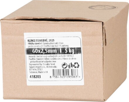 Klince 2825 60x2,50 mm, stavebné, bal. 5 kg Klince 2825 60x2,50 mm, stavebné, bal. 5 kg