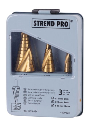Sada vrtak STREND PRO SS422, 4-12, 4-20, 4-32 mm, TiN, HSS 4241, stupňovité, špirálové