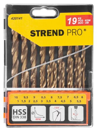 Sada vrtak STREND PRO FD032, 19 dielna TiN HSS