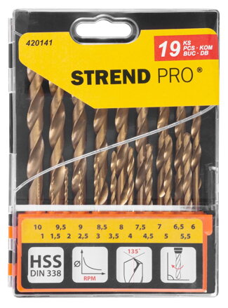 Sada vrtak STREND PRO FD032, 19 dielna TiN HSS