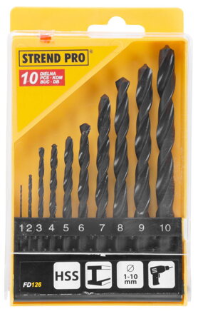 Sada vrtak STREND PRO FD126, 10 dielna, 1-10 mm, HSS, PlastBox