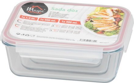 Dóza MagicHome, sada 3 ks, sklenená, sklo, obdlžníková, s vekom, 400/900/1900 ml
