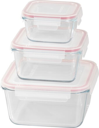 Dóza MagicHome, sada 3 ks, sklenená, sklo, štvorcová, s vekom, 450/1000/1900 ml