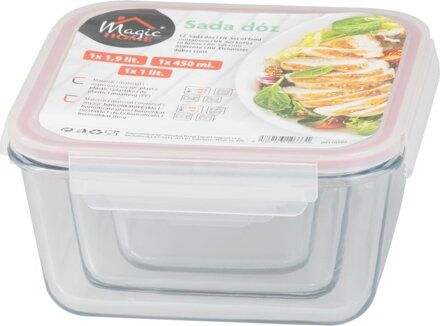 Dóza MagicHome, sada 3 ks, sklenená, sklo, štvorcová, s vekom, 450/1000/1900 ml