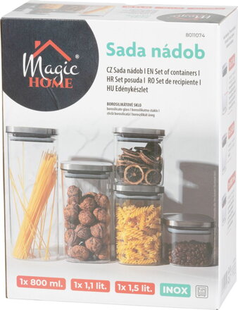 Nádoba MagicHome, sada 3 ks, 800/1100/1500 ml, sklenená, s nerezovým uzáverom