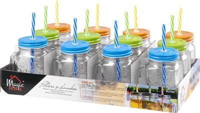 Pohár MagicHome, sklenený, so slamkou, s farebným viečkom, sklo, 480 ml, Sellbox 12 ks Pohár MagicHome, sklenený, so slamkou, s farebným viečkom, sklo, 480 ml, Sellbox 12 ks