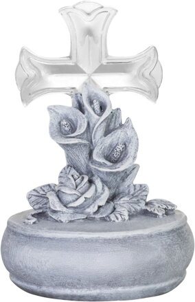 Dekorácia MagicHome, Kríž s kvetmi, LED, polyresin, na hrob, solar, 12x12x17 cm