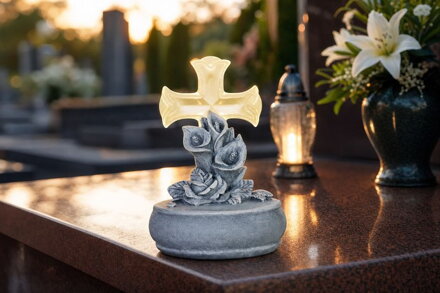 Dekorácia MagicHome, Kríž s kvetmi, LED, polyresin, na hrob, solar, 12x12x17 cm