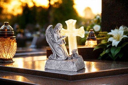 Dekorácia MagicHome, Anjel s holubicou pri kríži, LED, polyresin, na hrob, solar, 12x8x16,5 cm