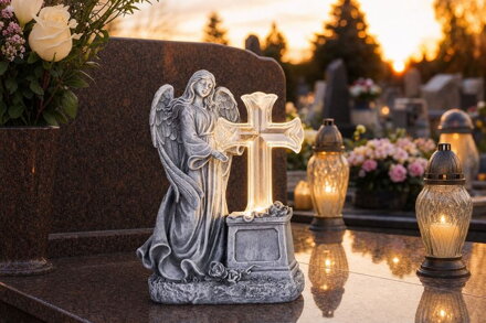 Dekorácia MagicHome, Anjel s krížom, LED, polyresin, na hrob, solar, 16x10x23 cm