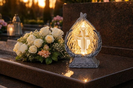 Dekorácia MagicHome, Krídla s krížom, LED, polyresin, na hrob, solar, 16,5x10x24 cm