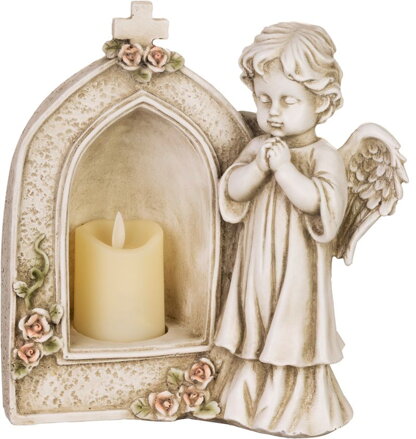 Dekorácia MagicHome, Anjel modliaci sa pri sviečke, LED, polyresin, na hrob, 19,5x11,5x26 cm