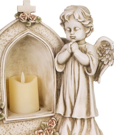 Dekorácia MagicHome, Anjel modliaci sa pri sviečke, LED, polyresin, na hrob, 19,5x11,5x26 cm