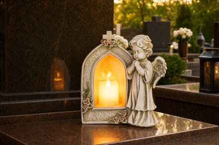 Dekorácia MagicHome, Anjel modliaci sa pri sviečke, LED, polyresin, na hrob, 19,5x11,5x26 cm