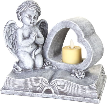 Dekorácia MagicHome, Anjel na knihe so srdcom, LED, polyresin, na hrob, 19x12,5x16,5 cm