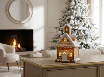 Dekorácia MagicHome Vianoce, domček LED, perníkový, polyresin, 11,1x10,3x19 cm