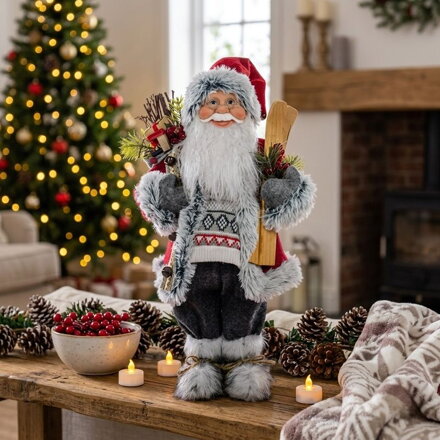 Dekoracia MagicHome, Santa s lyžami a drevom, 061 cm