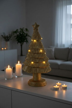 Dekorácia MagicHome Vianoce, stromček LED, polyresin, zlatý, 15,5x11x31 cm