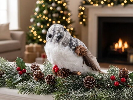 Vtáčik páperový MagicHome, 15x10x12.5 cm, bielo - sivý