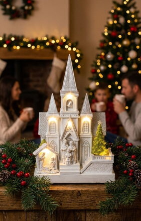 Dekorácia MagicHome Vianoce, Kostol s betlehemom, 6 LED biela, 3xAA, interiér, 17x13x25 cm