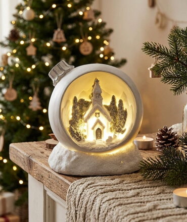 Dekorácia MagicHome Vianoce, Vianočná guľa, LED teplá biela, polyresin, 2xAAA, interiér, 10,50x9x11