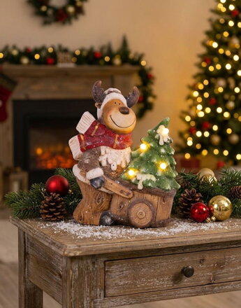 Dekorácia MagicHome Vianoce, Sobík s vozíkom, 4 LED, 3xAA, keramika, 33,50x24x43 cm