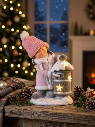 Dekorácia MagicHome Vianoce, Dievčatko so schránkou, 1 LED, 3xAA,  keramika, 31x23x43 cm